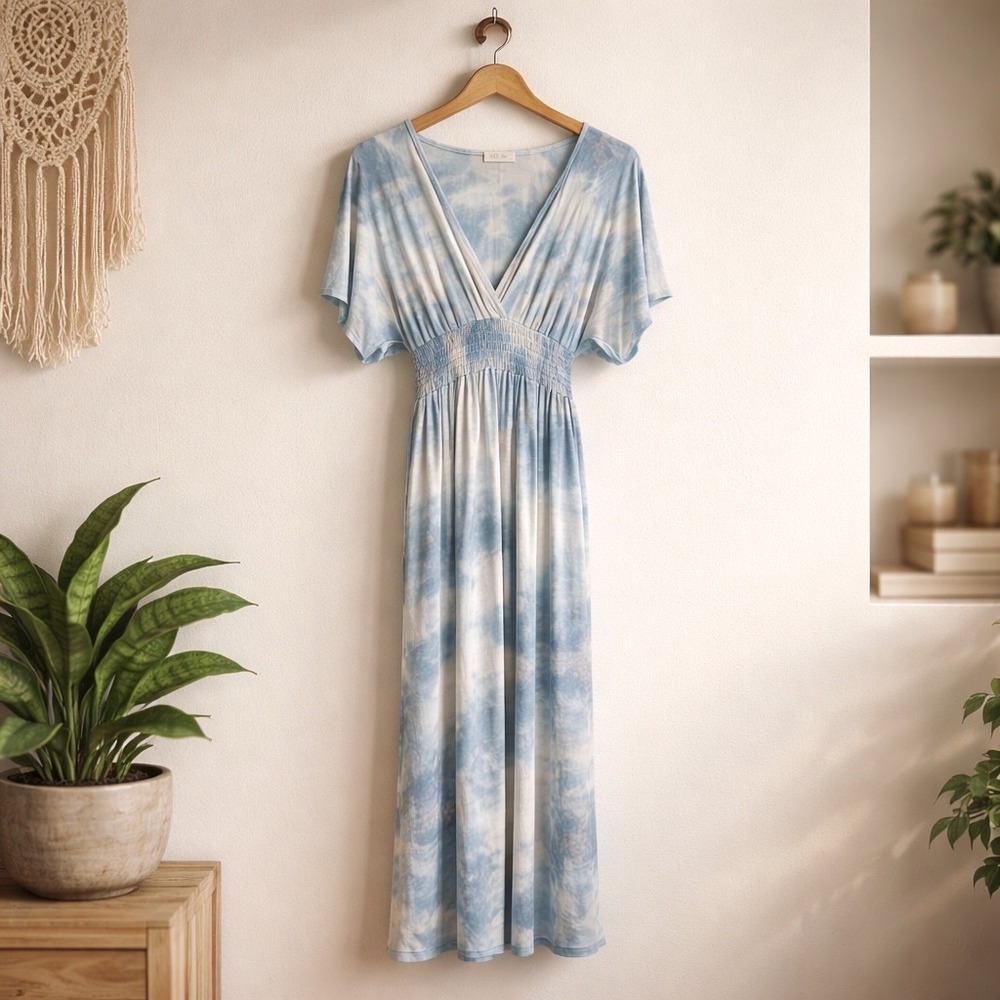 River + Sky Blue and Cream Tie-Dye Maxi Dress